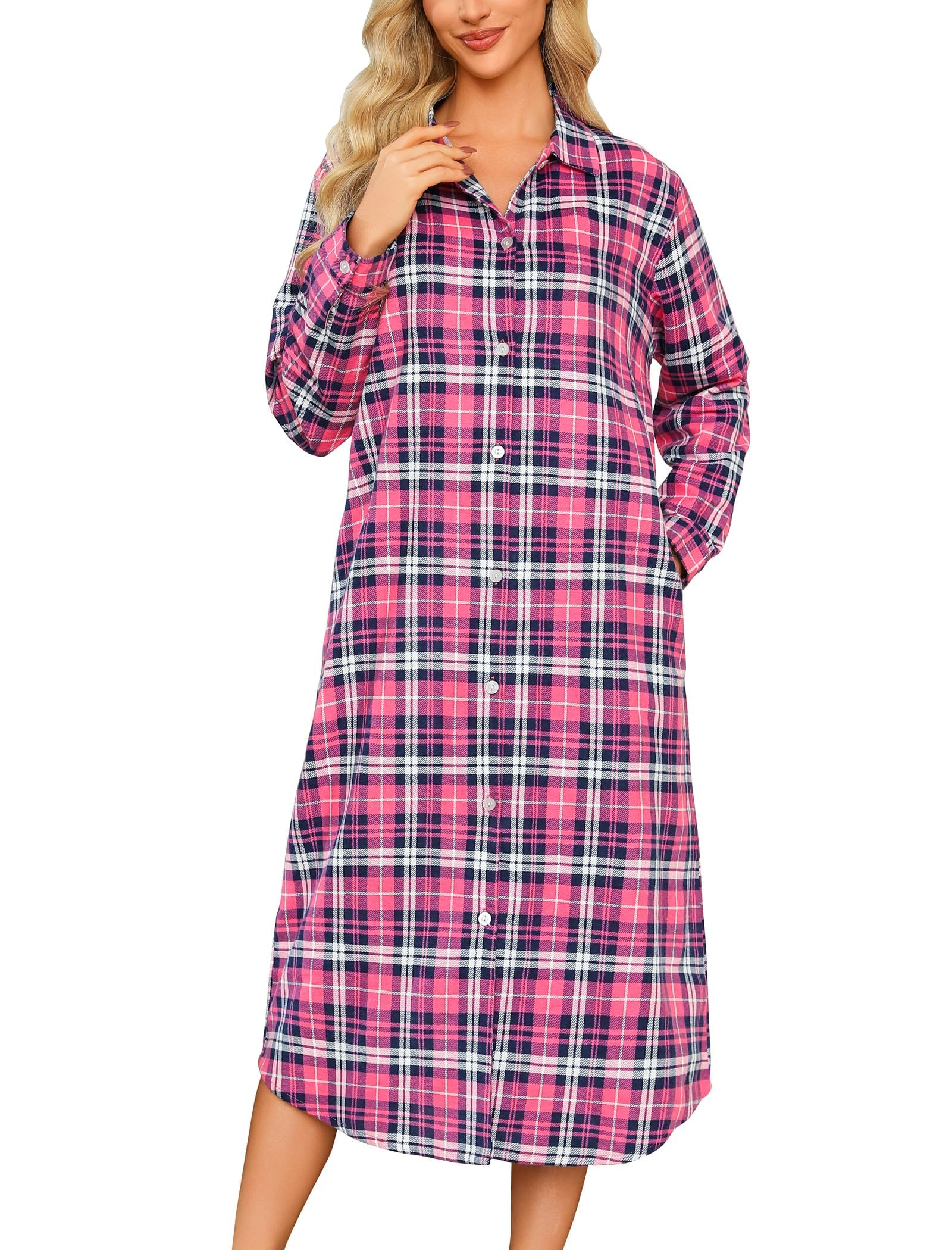 MIA LUCCE Nachthemd dames lange mouwen flanel nachthemd met knoopsluiting slaapshirt dames flanel slapen loungewear, M