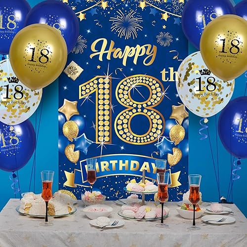 Miniatura 3 de Decoraciones de fiesta de cumpleaños número 18 para hombres, azul marino, dorado, pancarta de feliz cumpleaños 18 con 18 globos de 18 años, cubierta