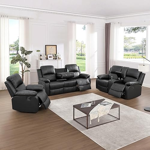 Manual Recliner Sofa Set, Bonded Leather Living Room Furniture Set, Reclining Leather Couches with Cup Holders/Storage Console/Flip Middle Backrest (Sofa+Loveseat+Chair, Black)