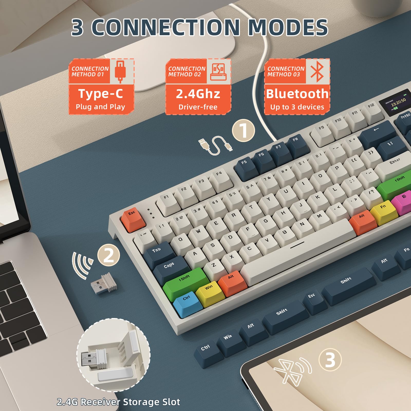VGN GAME POWER RK86PRO mechaniczna klawiatura gamingowa, bezprzewodowa, 75% procent TKL, 2,4 G bezprzewodowy/Bluetooth/USB-C, RGB Gasket Keyboard M75 QWERTY, kolorowy wyświetlacz, pokrętło