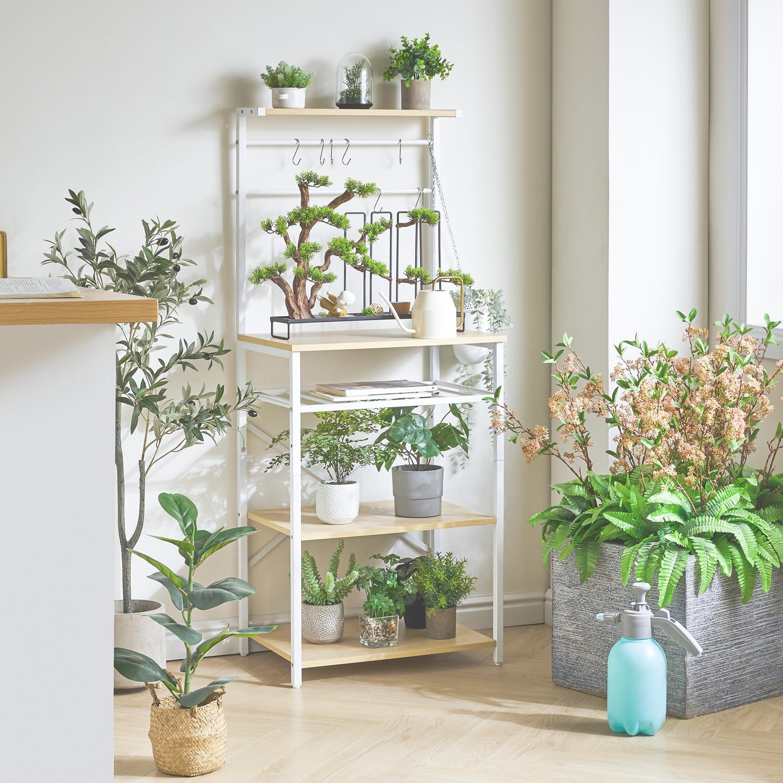 YMYNY Estantería de Cocina, Organizador de Cocina, Soporte para microondas con 5 estantes 12 Ganchos, Botellero Ajustable, para Especia, Estilo Industrial, 59 x 40 x 143CM, Color Natural HBR001R