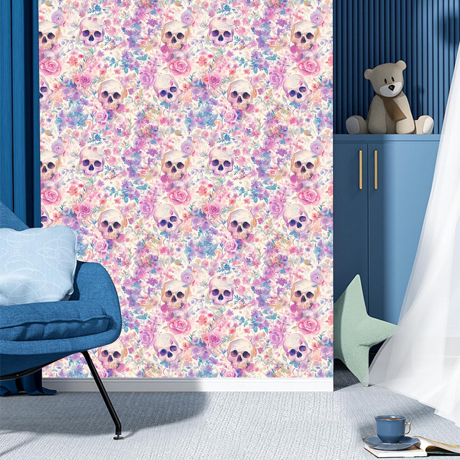 Papel pintado autoadhesivo Flores modernas y coloridasCalavera colorida Papel tapiz adhesivo papel de contacto papel de pared papel de pared fácil de despegar para mesita de noche cajón gabinete inq