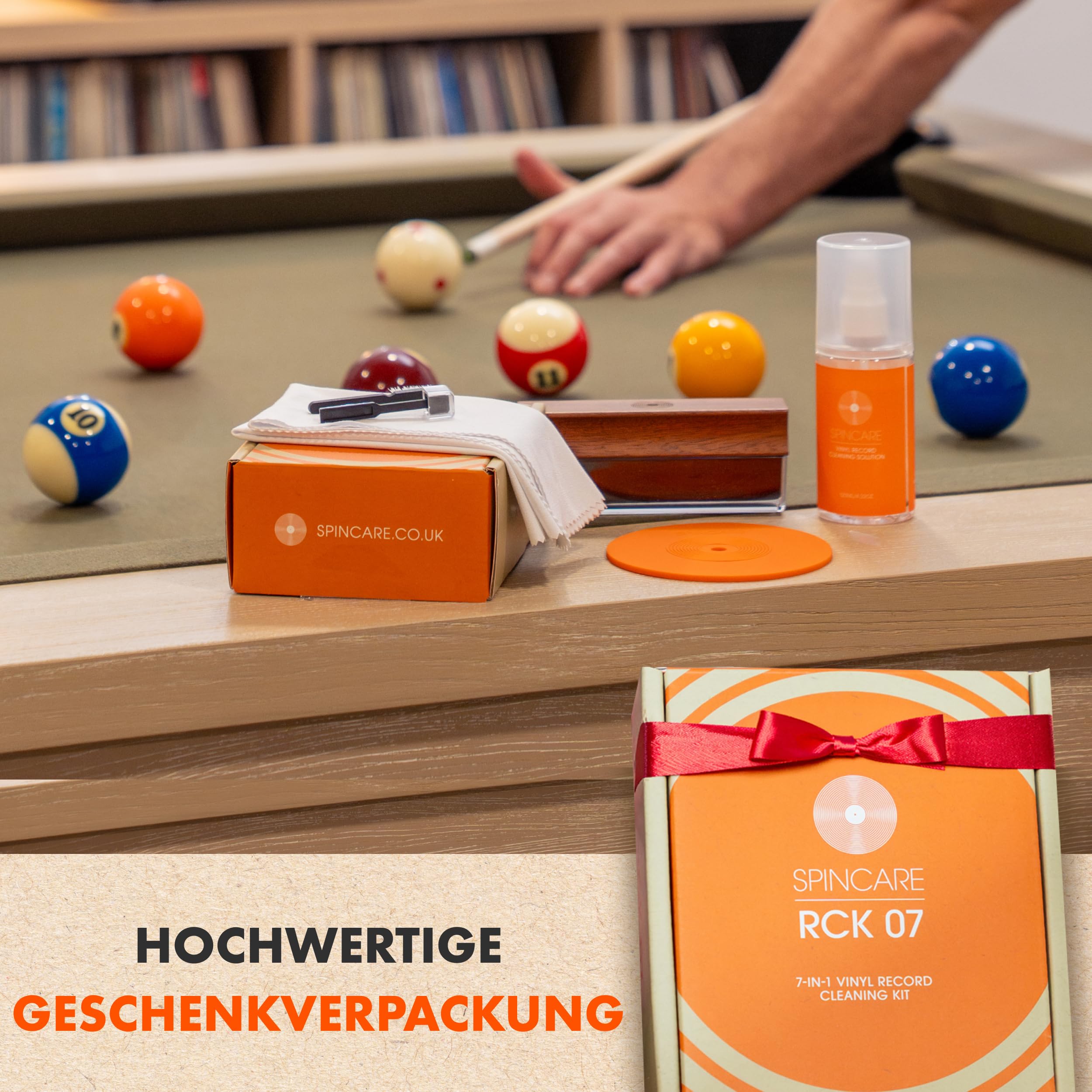 SPINCARE 7-in-1 Schallplatten Reinigungsset | Velvet Schallplattenbürste mit Holzgriff & Staubschutz | 120 ml Vinyl Reiniger, Stylus Brush, Label-Schutz & Mikrofasertücher | Vinyl Cleaning Kit