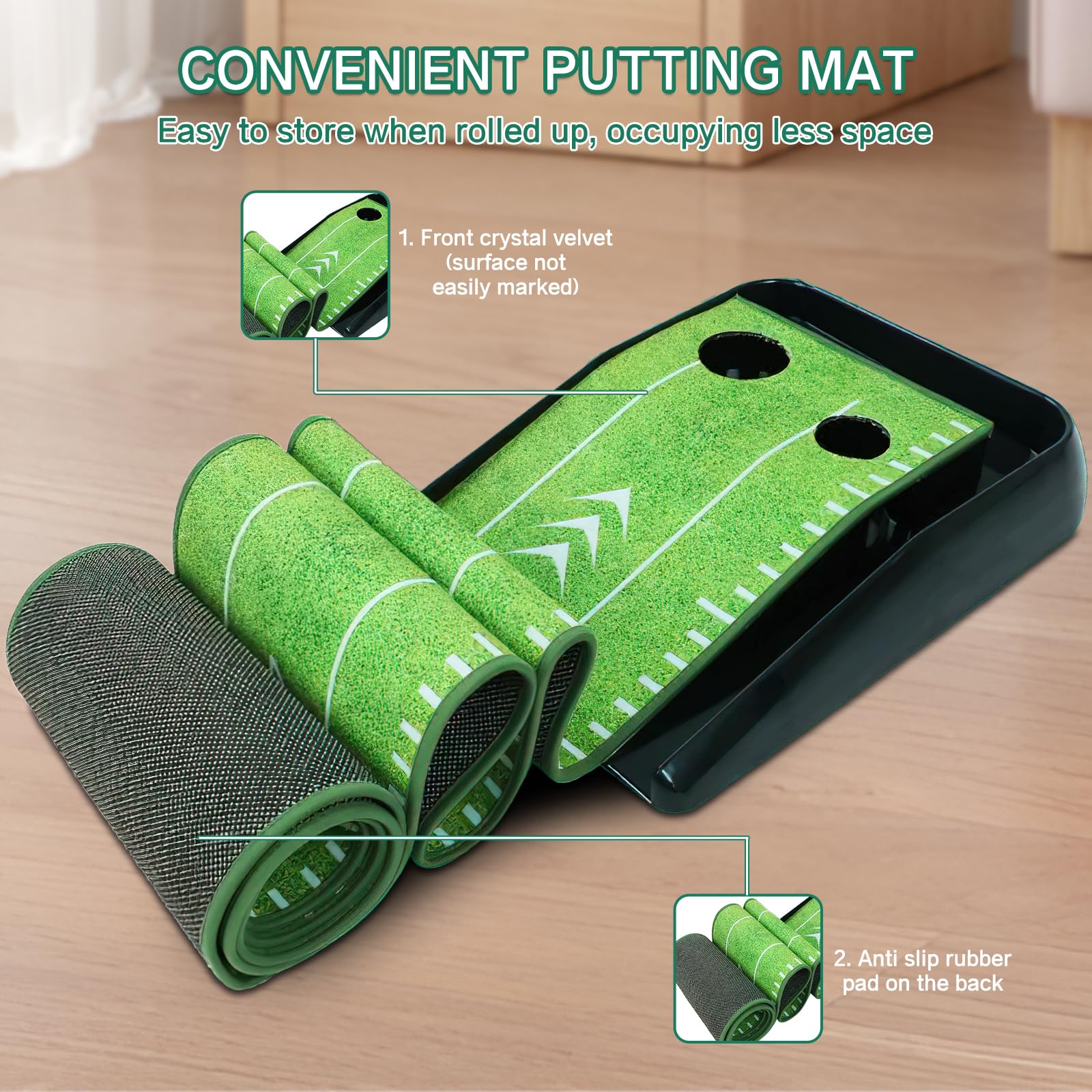 Losbenco Tappetino da golf verde con putter e 6 palline da golf, attrezzatura per allenamento con sistema di ritorno automatico della palla, per casa, ufficio, cortile, uso interno ed esterno