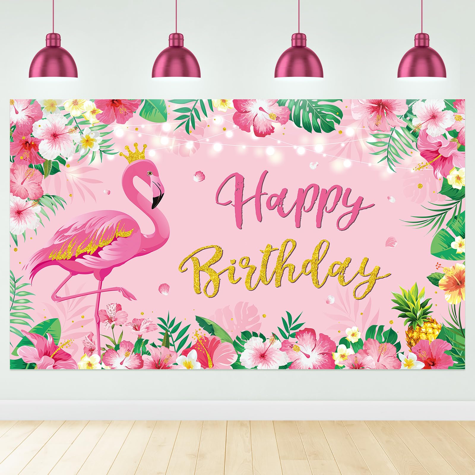 Preboun Flamingo Birthday Party Decoration Backdrop 3.6 x 6 ft Summer Tropical Hawaiian Background Flower Flamingo Photography for Luau Aloha Happy