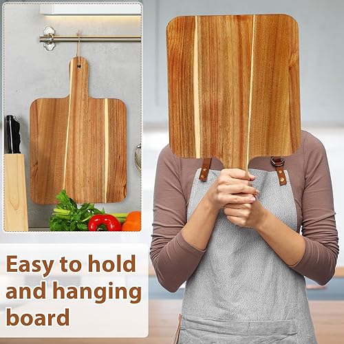Miniatura 10 de 16 tablas de cortar de madera de acacia, a granel, tablas de cortar de cocina con asa, bandeja de madera para servir, tablas de charcutería para