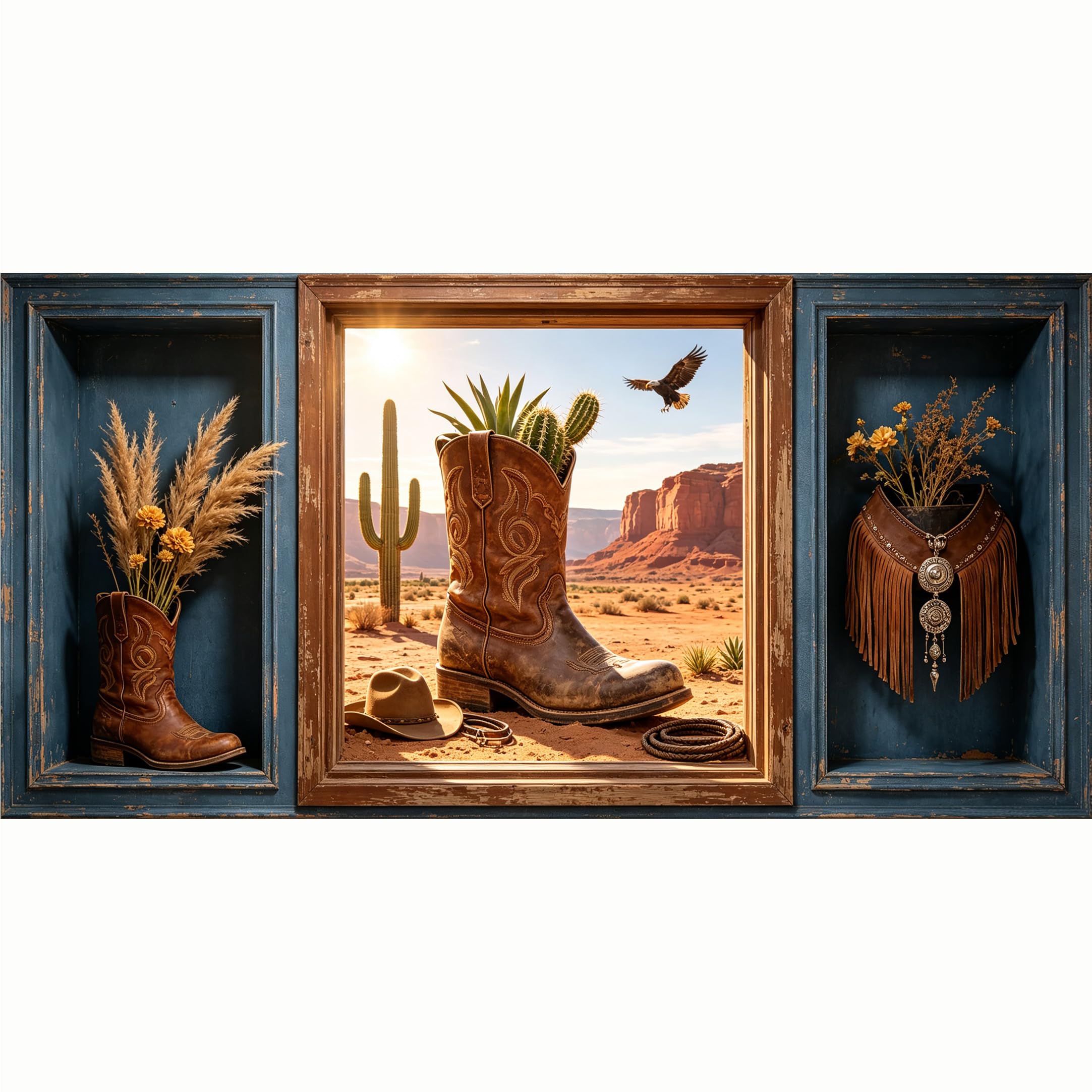 QZLITHOTIC 50x100cm 3D Framed Wall Art， Western Desert Cactus Cowboy Boot Self‑Adhesive Mural， Water‑Activated Peel & Stick Fabric Decor Wall Decal for Bedroom Living Room