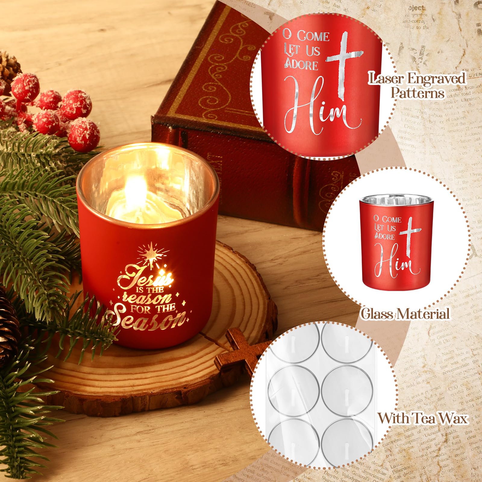 Mumufy 6 portavelas de Navidad con 10 juegos de velas de té, portavelas votivos de Adviento de Navidad, portavelas de cristal rojo, para decoración de centro de mesa de Navidad, fiesta en casa, boda