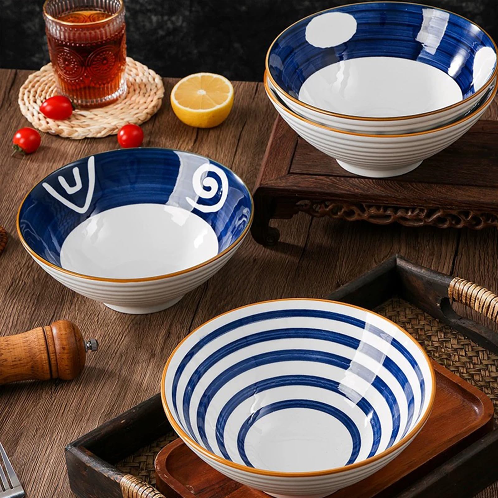 Zestaw 2 ceramicznych miseczek do makaronu, 1200ml, z pałeczkiem i łyżeczką (stylu 7)