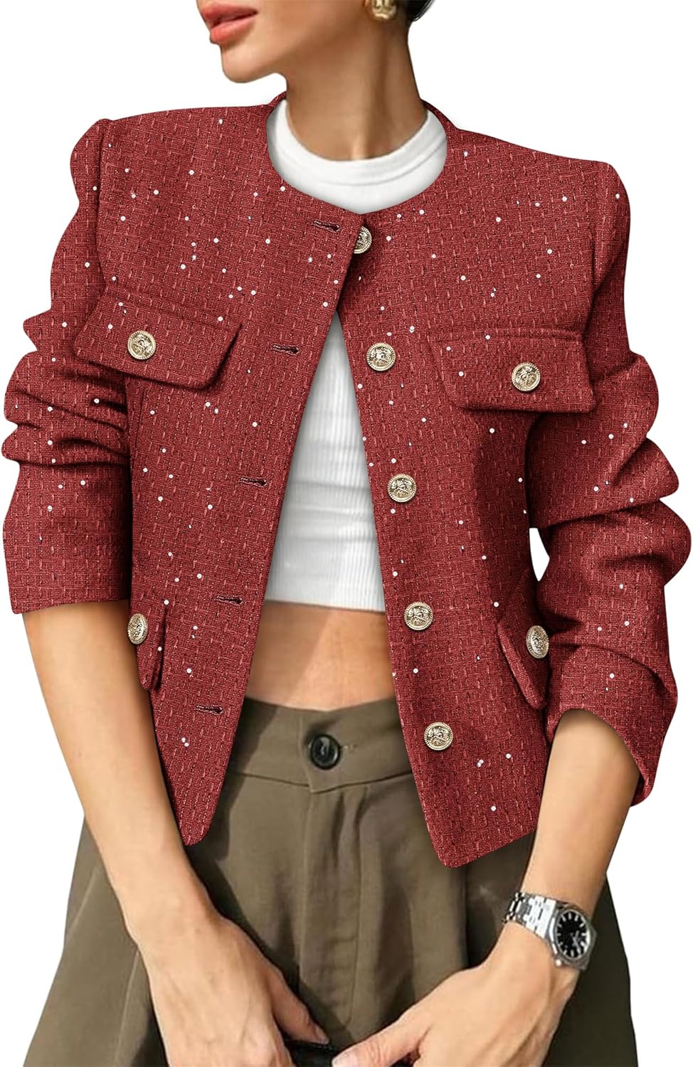 Women's Tweed Blazers Trendy Fall Casual Collarless Button Down Sequin Tops Cropped Jackets with Pockets