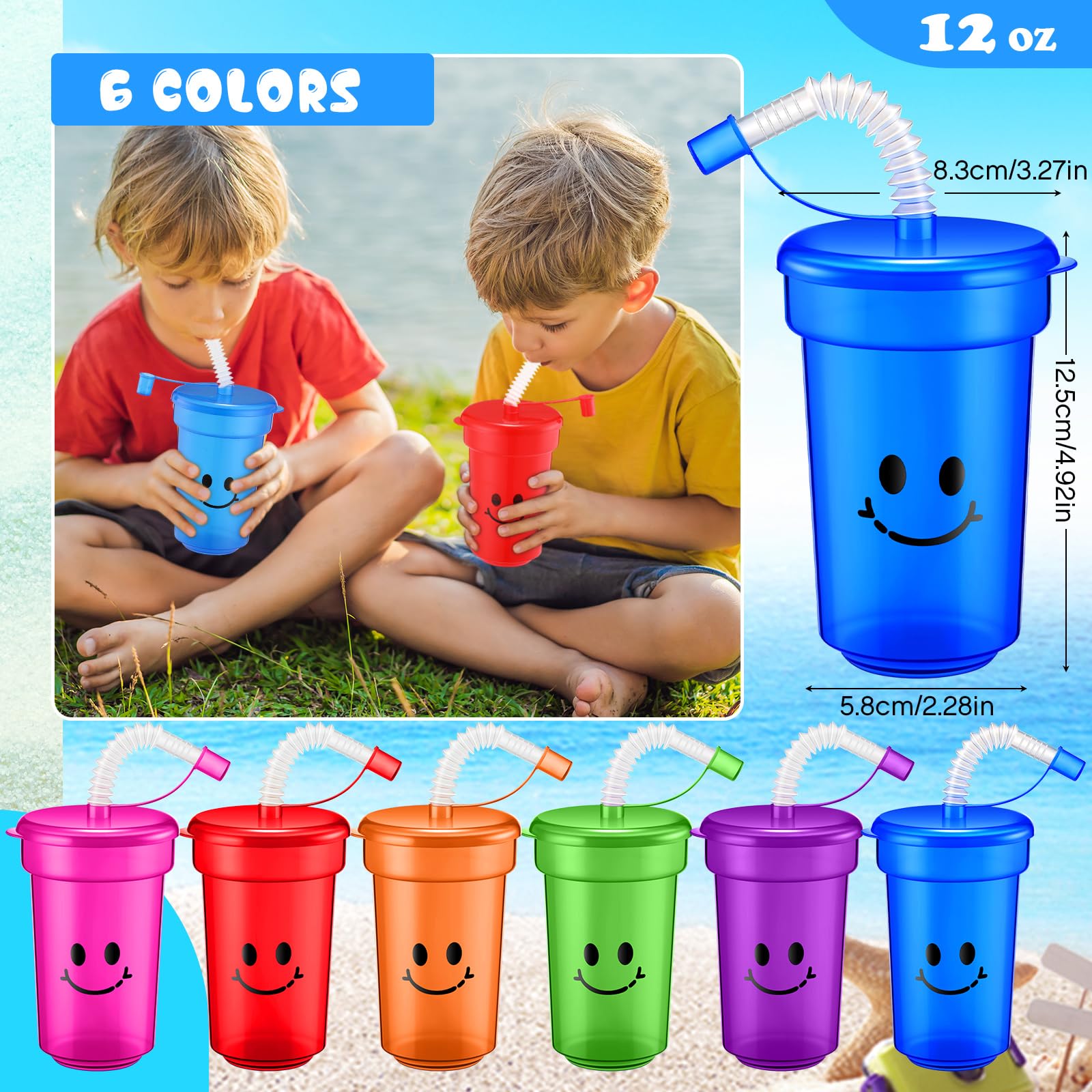 Mumufy Bicchieri da 350 ml per bambini, con coperchio e cannucce, bicchieri in plastica colorata, riutilizzabili, accessori di compleanno per bambini, regalo di fine anno per studenti (48 pezzi)