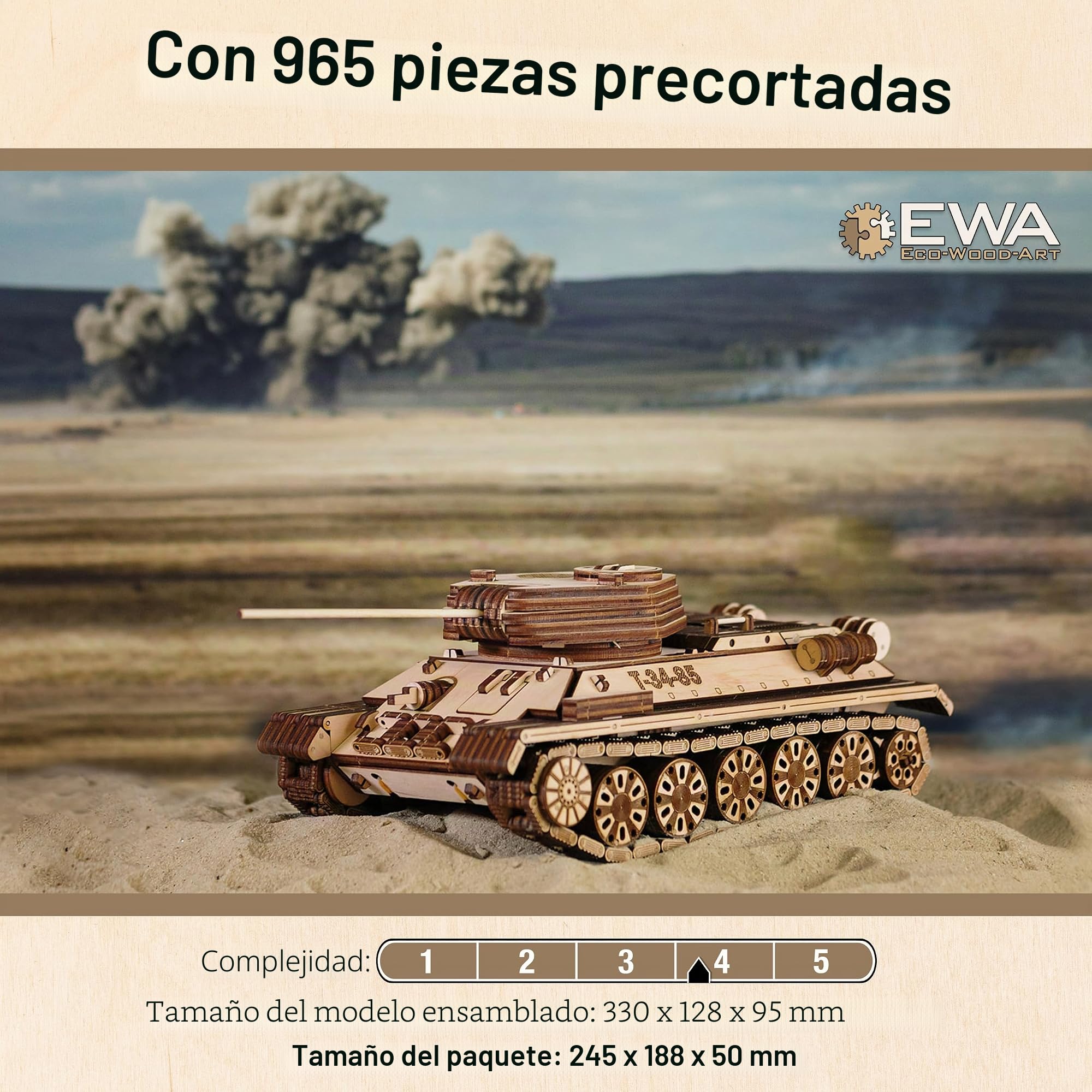EWA Eco-Wood-Art Tanque T-34-85-Rompecabezas mecánico 3D de madera,Montaje sin pegamento-965 piezas, color naturaleza (Tank T-34-85)