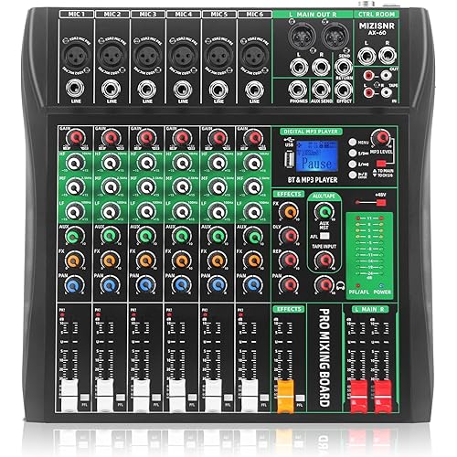 6 Channel Audio Mixer, Professional DJ Mixer Board Sound Music Mixing Console Digital Mixer with Reverb, Bluetooth, USB Port, 48V Phantom Power for Recording Karaoke Podcasting