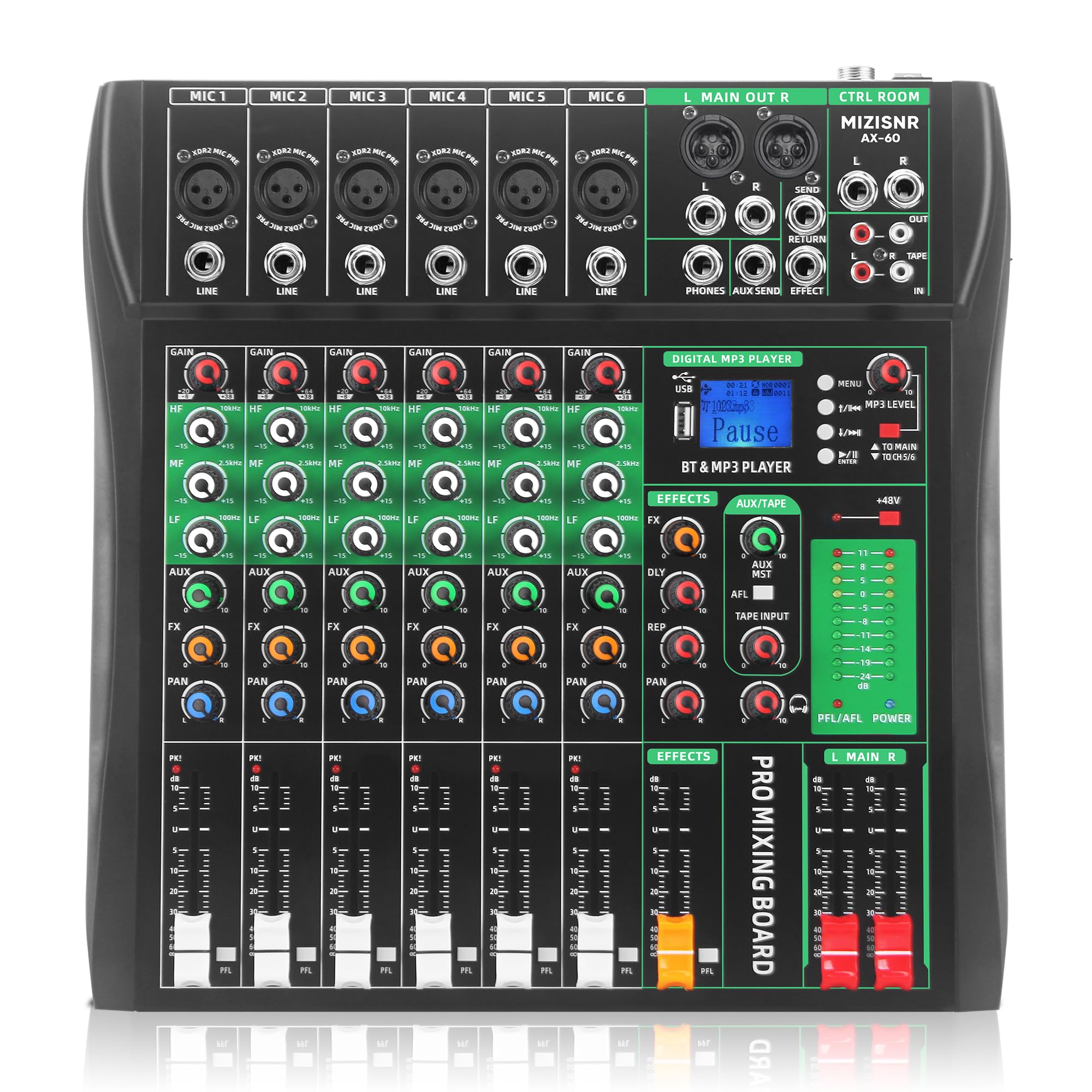 MIZISNR 6 Channel Audio Mixer, Professional DJ Mixer Board Sound Music Mixing Console Digital Mixer with Reverb, Bluetooth, USB Port, 48V Phantom Power for Recording Karaoke Podcasting
