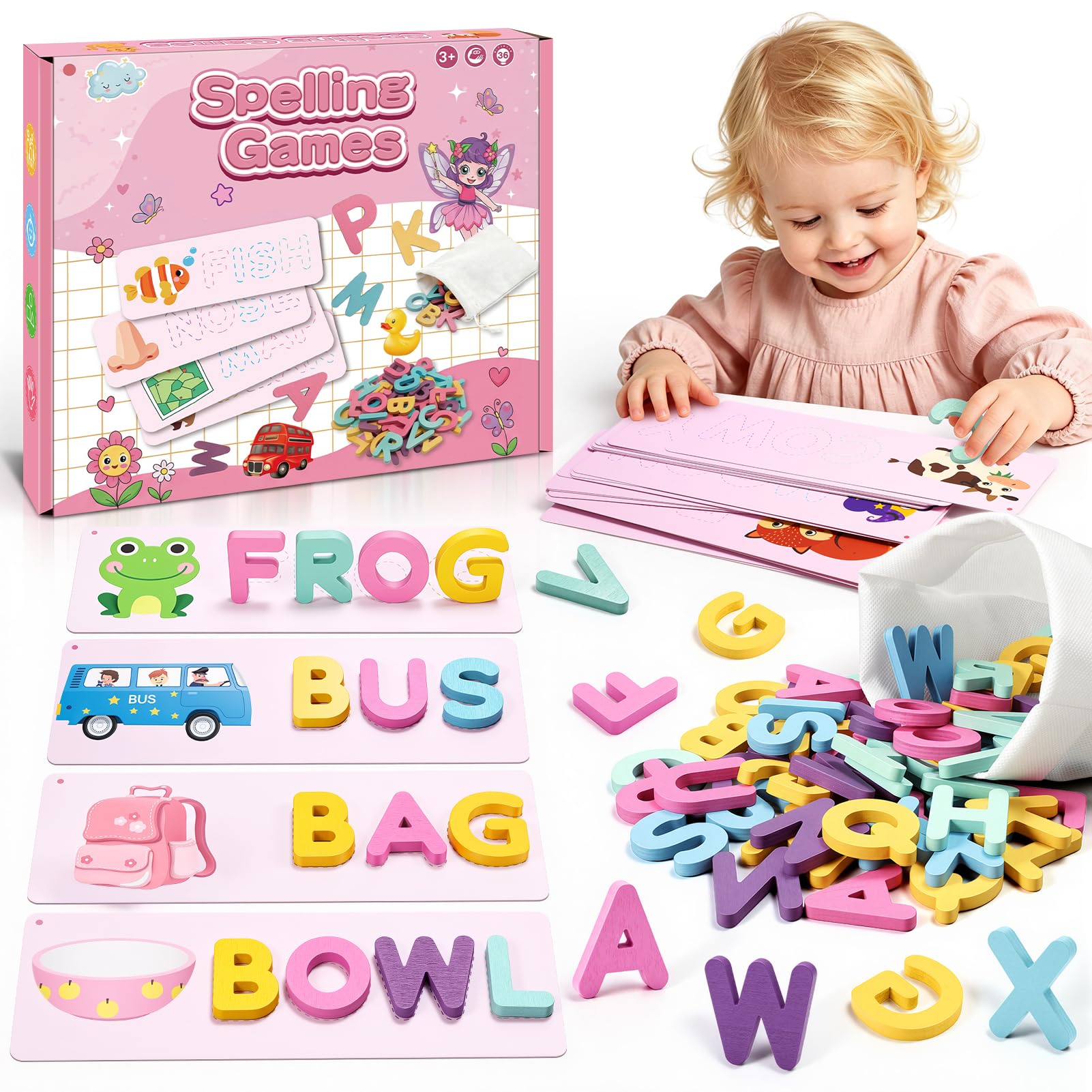 WootoySmart Alphabet Flash Cards for Age 1 2 3, Educational Toys for 2-3 Year Olds Spelling Games for 1 2 3 Year Olds Wooden Letters Toddler Games Learning Alphabet Puzzle Kids Toys Age 1 2 3 4 5 6