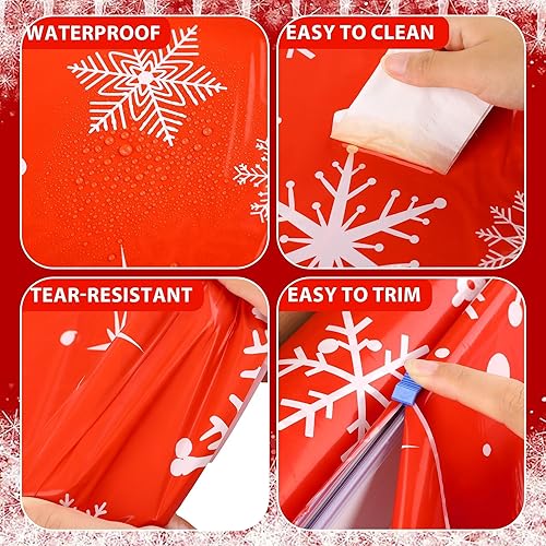 Miniatura 3 de Rollo de mantel de copo de nieve de 100 pies x 54 pulgadas con caja cortadora, diseño de copo de nieve con temática navideña, telón de fondo