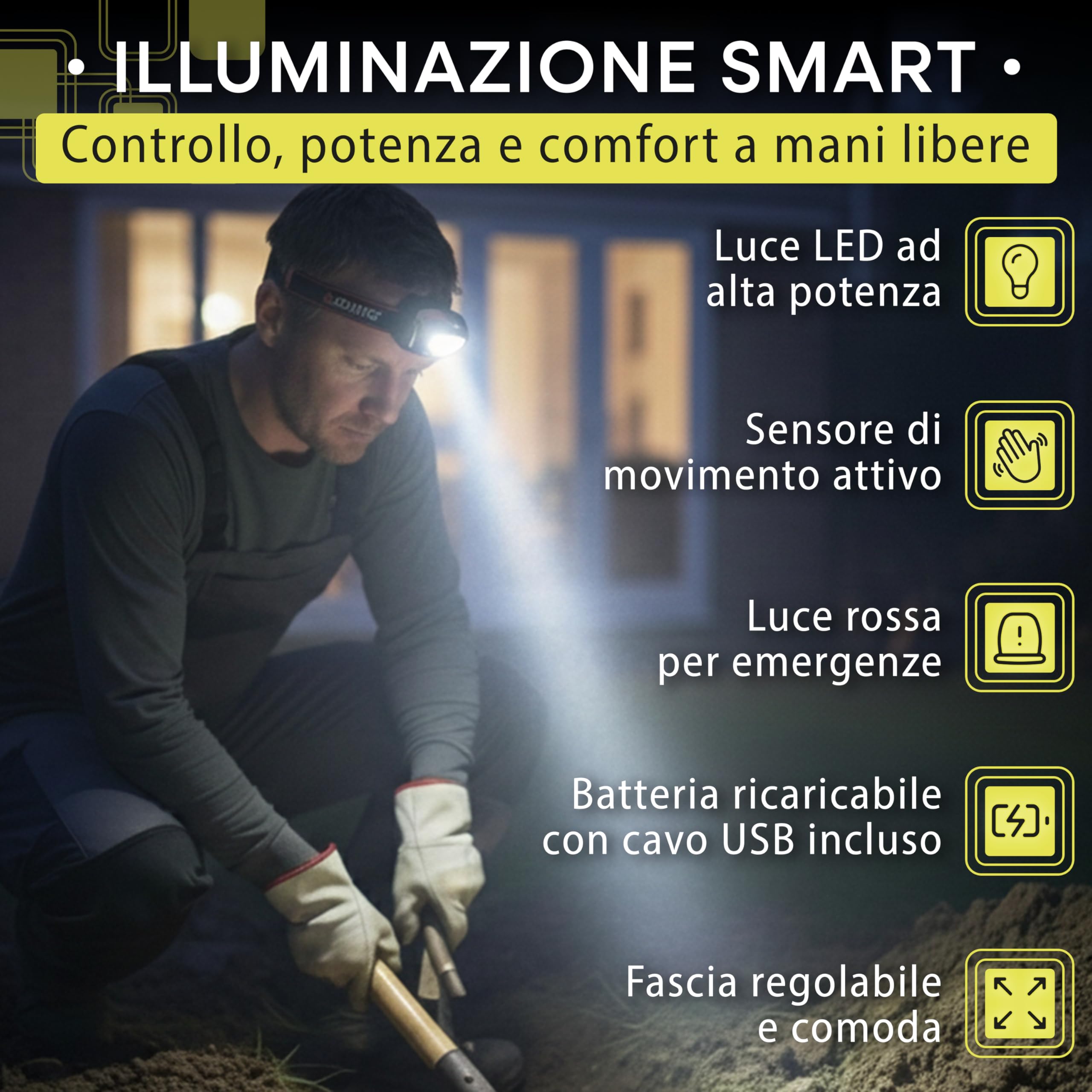 Torcia Frontale LED Ricaricabile con Sensore Movimento per Trekking Corsa Campeggio