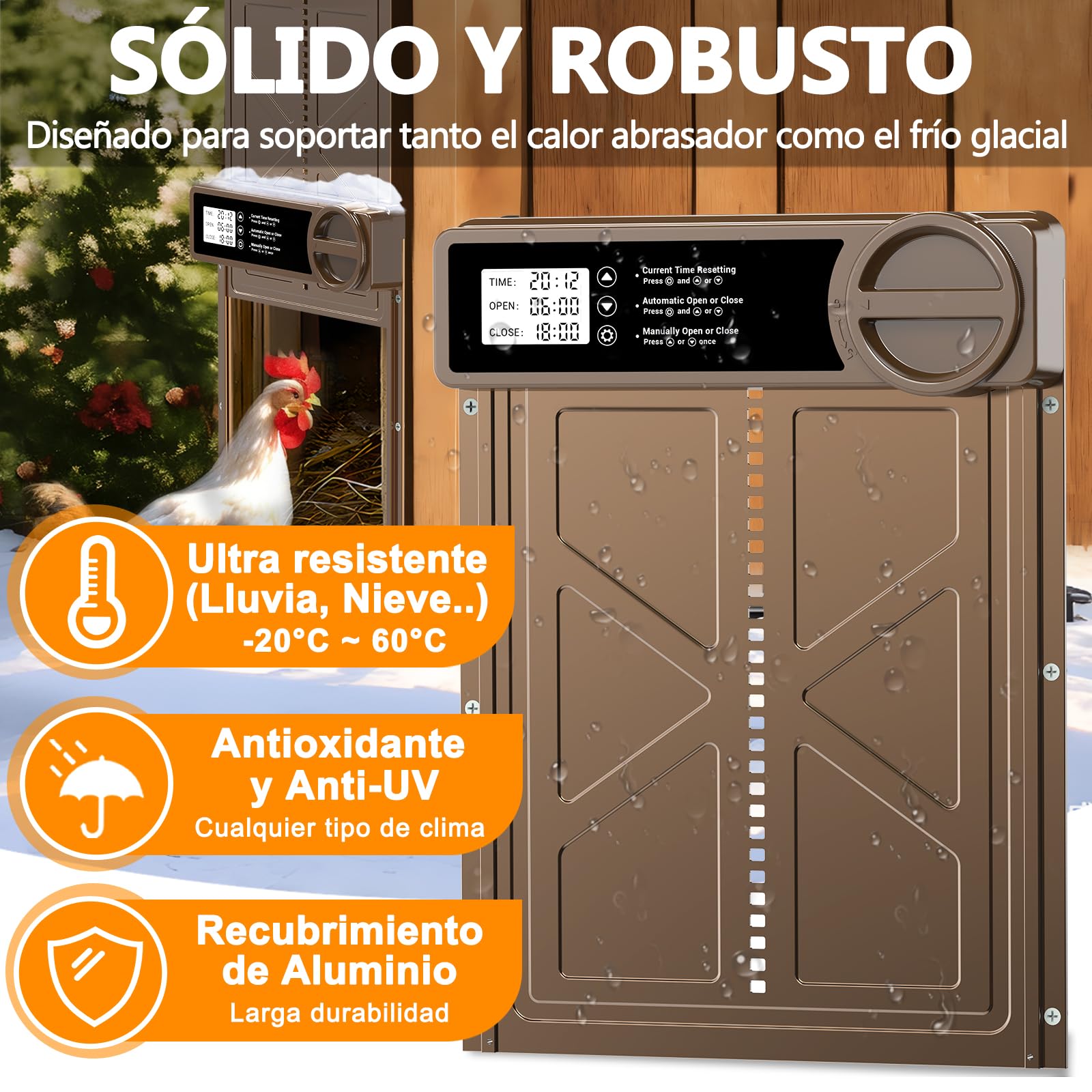 Puerta Gallinero Automatica Grande con Pantalla LCD, Puerta Automática Gallinero con Función Manual y Temporizador | Aluminio | Anti-atrapamiento, Puerta Gallinero Alimentada por Batería
