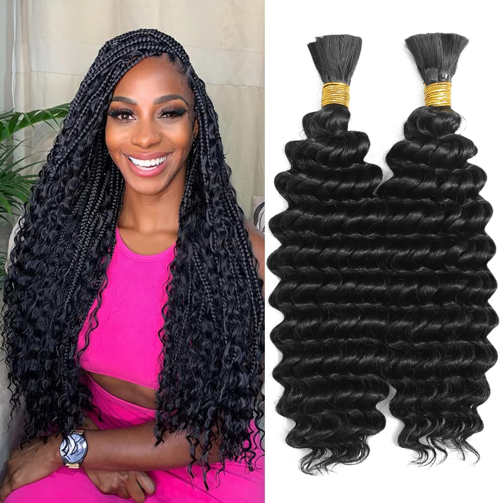 200g Boho Hair for Braiding 22 Inch 2 Bundles Deep Wave Curly Braiding Hair for Boho Braids No Weft Wet and Wavy Hair Extensions Natural Black #1B