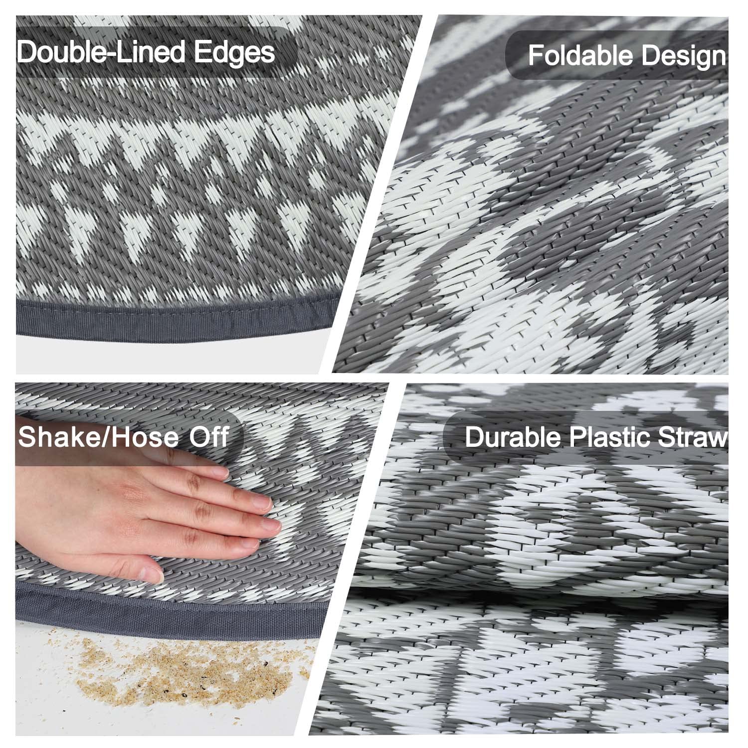 Cekene Round Outdoor Rug Waterproof 150cm Grey Reversible Garden Rug Plastic Easy Clean Area Floor Mat for Outdoors Patio Garden RV Trailer Backyard Deck Picnic - Image 3