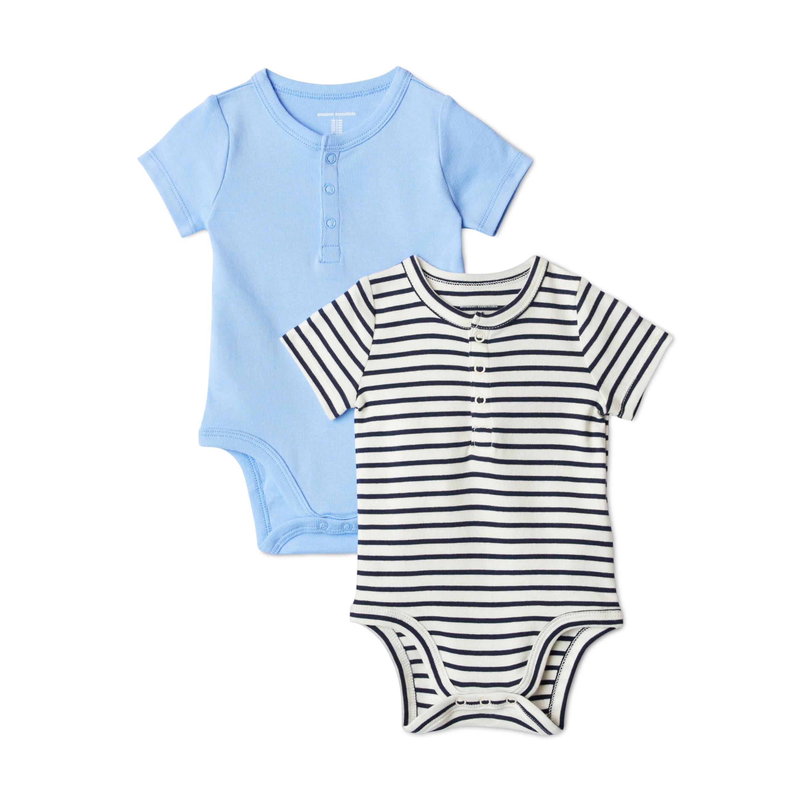 Amazon Essentials Unisex Babies' Short Sleeve Henley Bodysuit, Pack of 2, Cornflower Blue/French Stripe, 0-3 Months