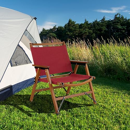 Miniatura 8 de Tangkula Silla de camping plegable silla de playa portátil de respaldo bajo con marco de bambú sólido y tela Oxford 500D silla de césped ligera al