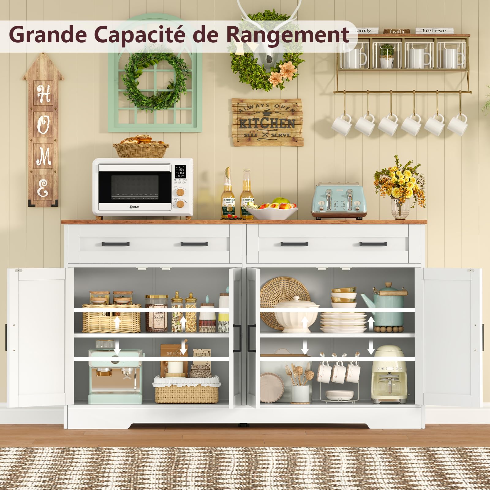 TEENFON Buffet Cuisine 140cm pour Salon et Salle à Manger, Meuble de Rangement avec 2 Grands Tiroirs et 4 Portes, Économiseur d'Espace avec Étagère Réglable, Blanc 140x40x80 cm