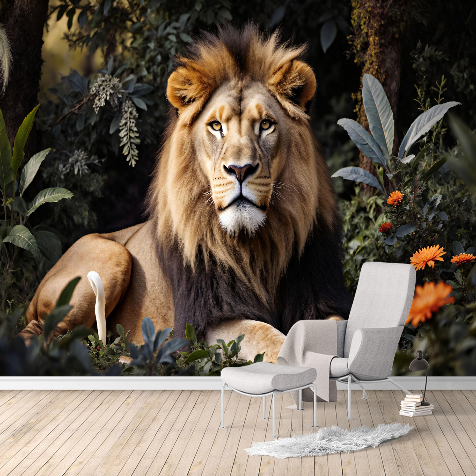 Custom Size Wall Murals, Majestic Lion Forest Nature Wildlife Jungle Flowers, SelfAdhesive Water Activated Removable Wall Covering, Large Photo Wallpaper for Living Room Bedroom Office
