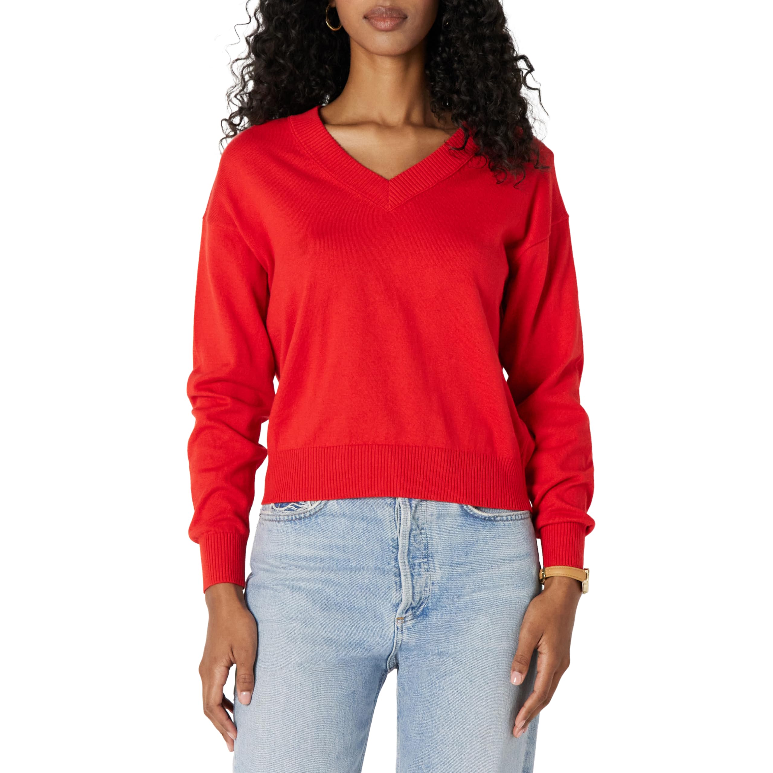 Amazon Essentials Women's Regular-Fit Lightweight V-Neck Cropped Sweater, Bright Poppy Red, X-Small