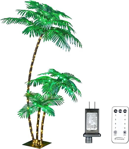 LIGHTSHARE Lighted 6FT Gorgeous Palm Tree 3Trunks Artificial Palm Tree 203LED Lights for Office Decoration Outdoor and Indoors Tiki Bar Christmas Patio Pool- Electric