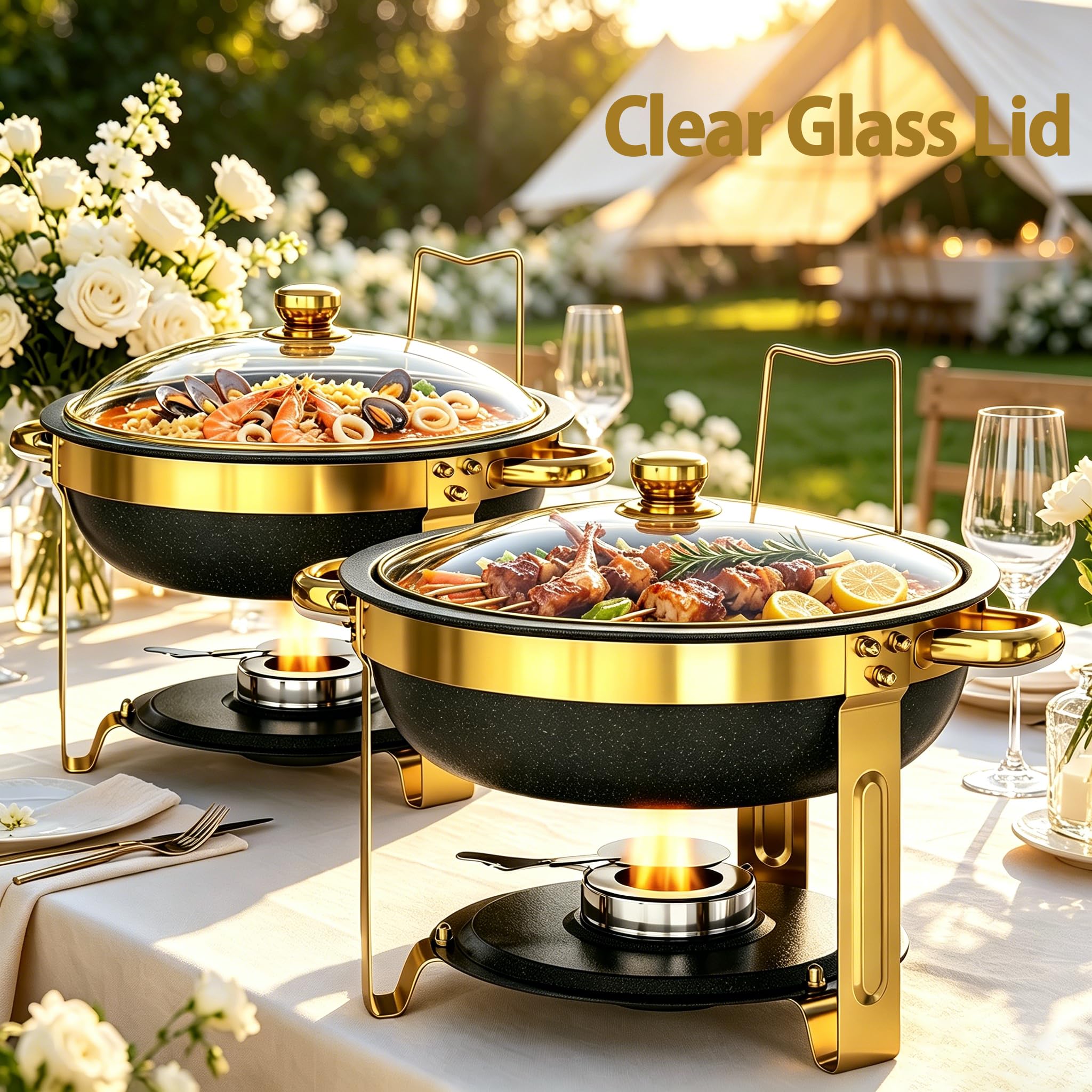 Juego de 2 recipientes para buffet de platos negros con revestimiento de maifanita, redondos, con tapa transparente, acero inoxidable dorado, para fiestas y eventos de catering