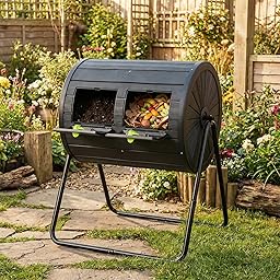 GiantexUK Dual Chamber Garden Compost Bin, 142L Tumbling Composter with 2 Doors & Metal Legs, BPA Free Outdoor Garden Rotating Composting Waste Box (Black)