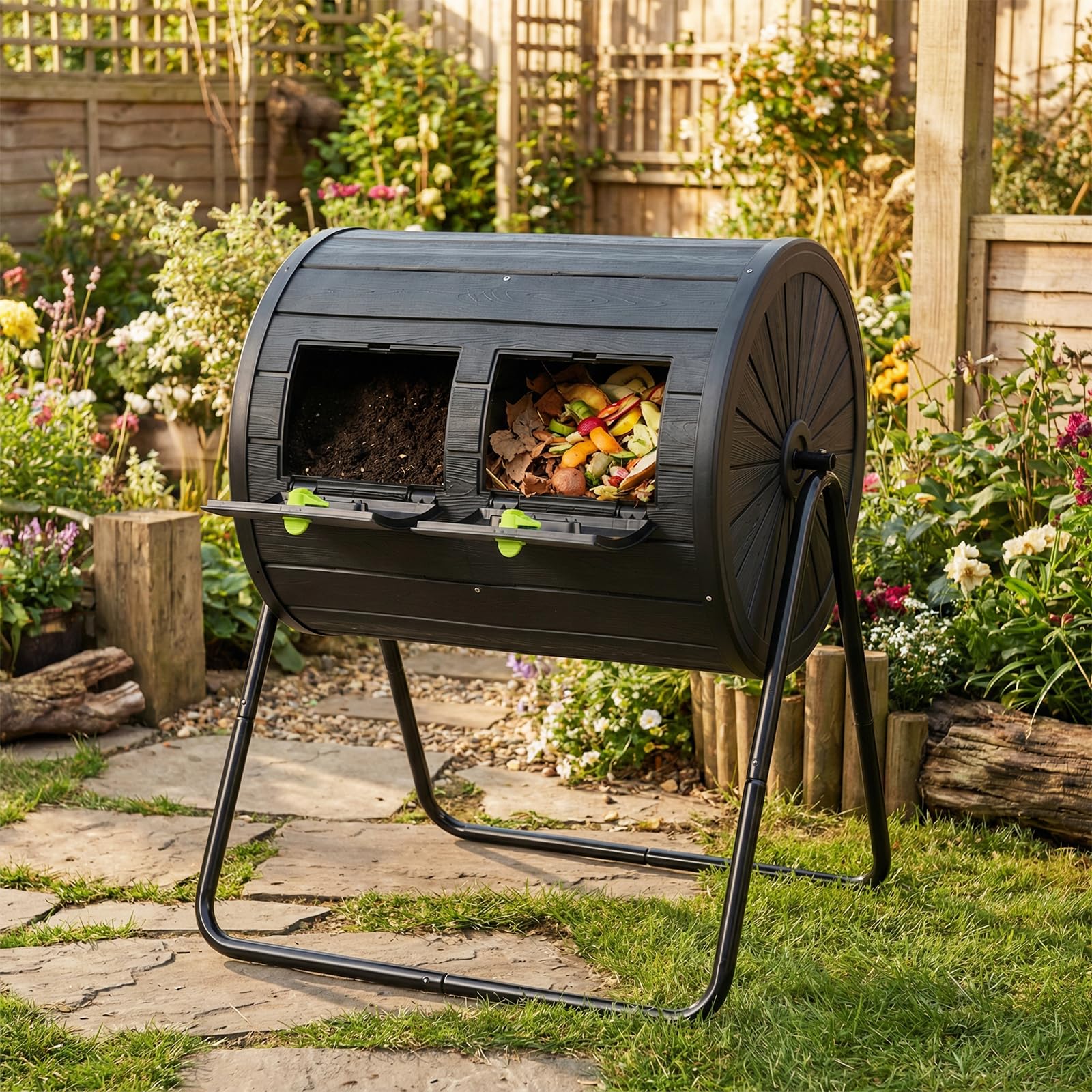 GiantexUK Dual Chamber Garden Compost Bin, 142L Tumbling Composter with 2 Doors & Metal Legs, BPA Free Outdoor Garden Rotating Composting Waste Box (Black)
