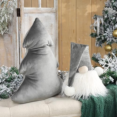 Phantoscope Paquete de 2 cojines decorativos con forma de árbol de Navidad y gnomo, cojín suave en forma 3D, gris, 18 x 20 y 6.5 x 11 pulgadas