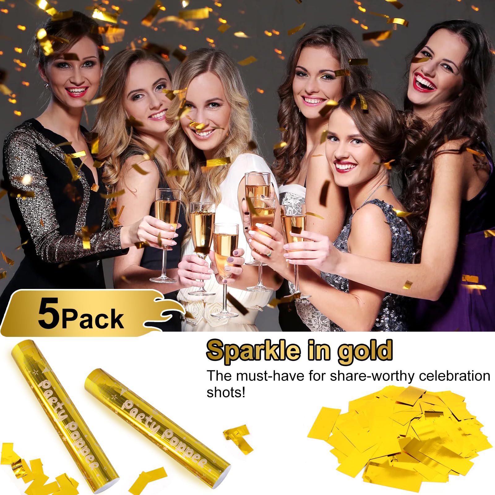 Goldfarbenes Konfettikanonen-Set, 30,5 cm, 5 Stück, Party-Popper für Hochzeiten, Jubiläen, Abschlussfeiern und fröhliche Zusammenkünfte.