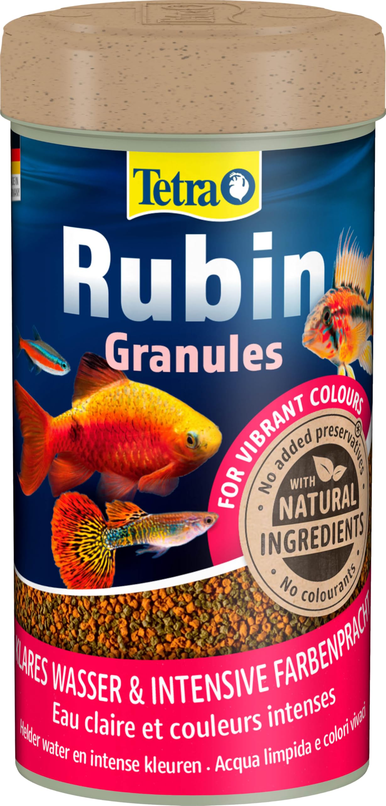 Tetra Rubin Granules – karma dla ryb w postaci granulatu z naturalnymi wzmacniaczami kolorów, idealna dla wszystkich ryb w środkowej warstwie wodnej akwarium, puszka 250 ml