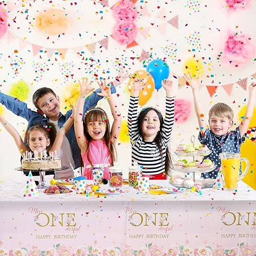 Miniatura 5 de Tatuo Mantel de 3 piezas para fiesta de primer cumpleaños, mantel desechable de plástico con diseño floral de Miss Onederful para niños, suministros