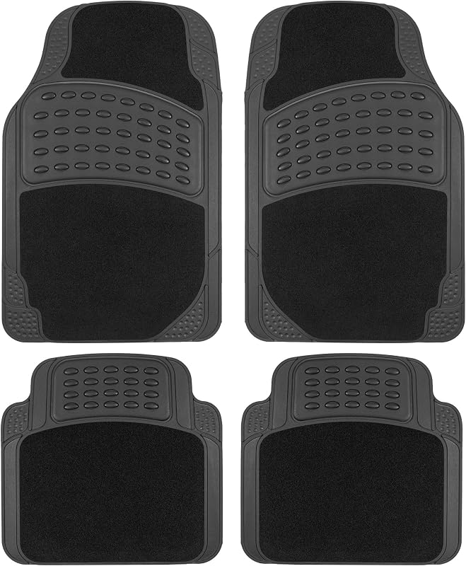 HybridMat Alfombrillas de goma y moqueta para automóviles, juego de alfombrillas para asientos delanteros y traseros, juego de revestimientos interiores para auto, sedán, SUV, furgoneta, resistentes para todo tipo de clima, semi-recortadas para adaptarse, color negro