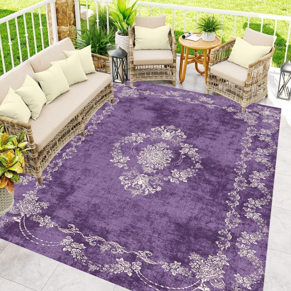 4x6 Waterproof Outdoor Rug Purple Beige Vintage Floral Pattern Thin Easy Clean Quick Dry Non Slip Durable Indoor Outside Carpets for Deck Camper Porch Balcony Backyard Picnic Farmhouse Rugs