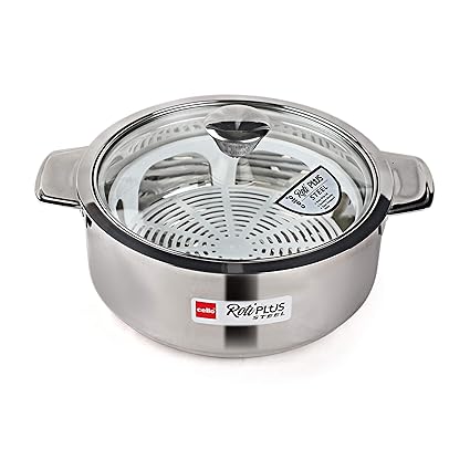 Cello Roti Plus Solid Stainless Steel Casserole with Drip Tray and Glass Lid, (Medium, Silver)