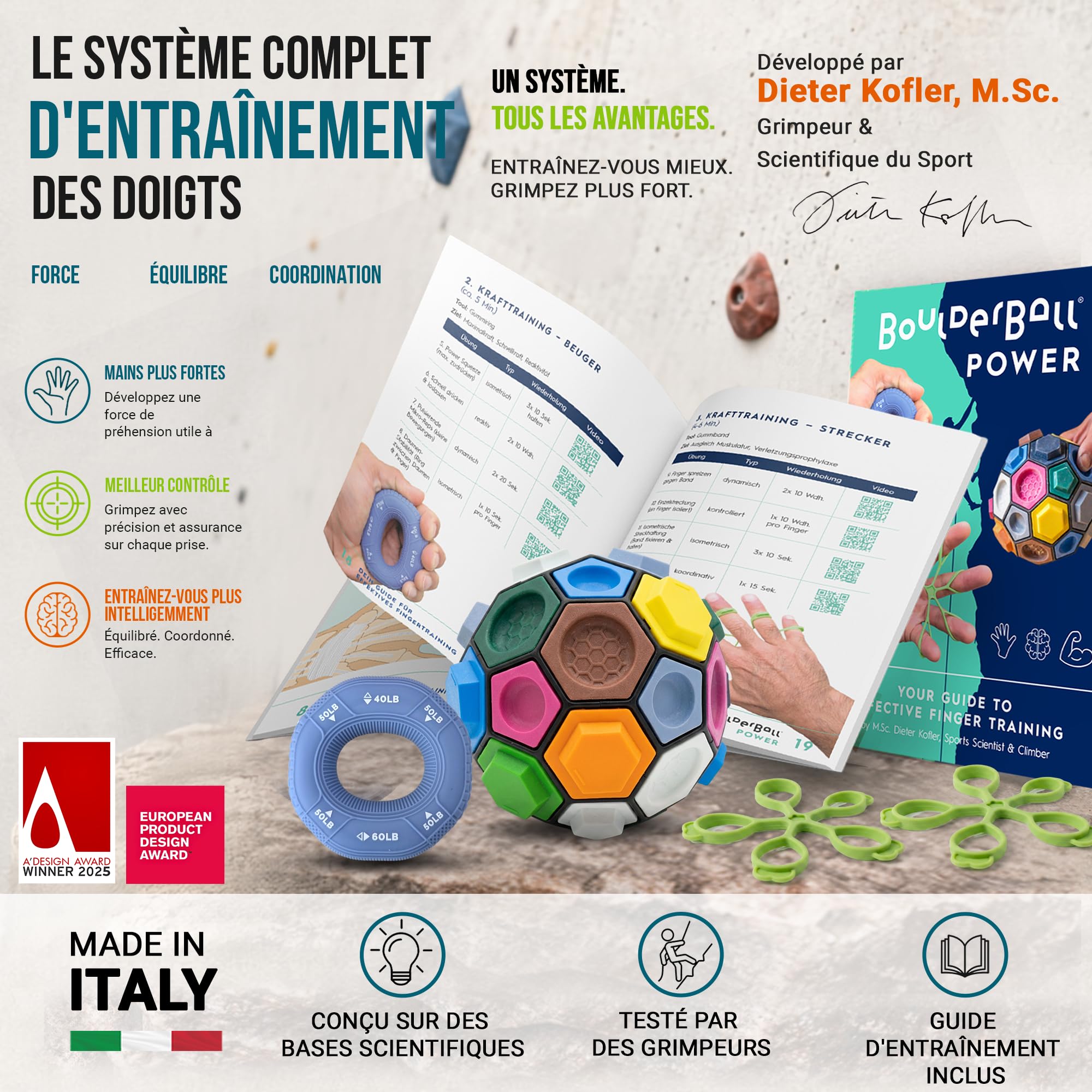 BOULDERBALL POWER Set d’entraînement pour la force des doigts, de la main et de l’avant bras - Avec Boulderball, anneau grip, bande extensible et plan d’entraînement - Pour grimpeurs et sportifs