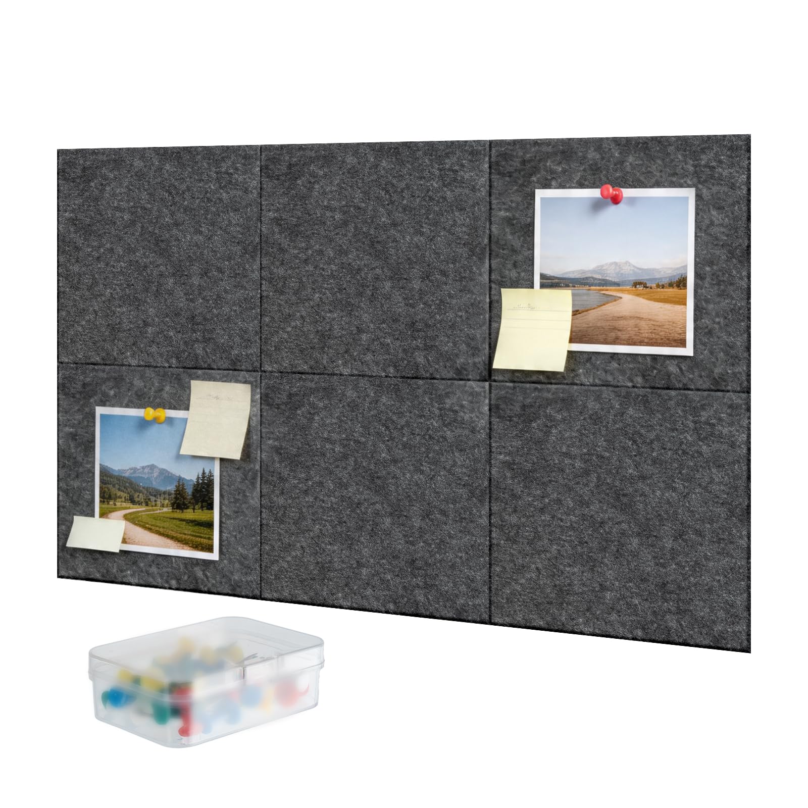 IONEKIUK 6Pack Large 90x60cm Felt Wall Tiles, 33 Cork Board Pins(Dark Gray)