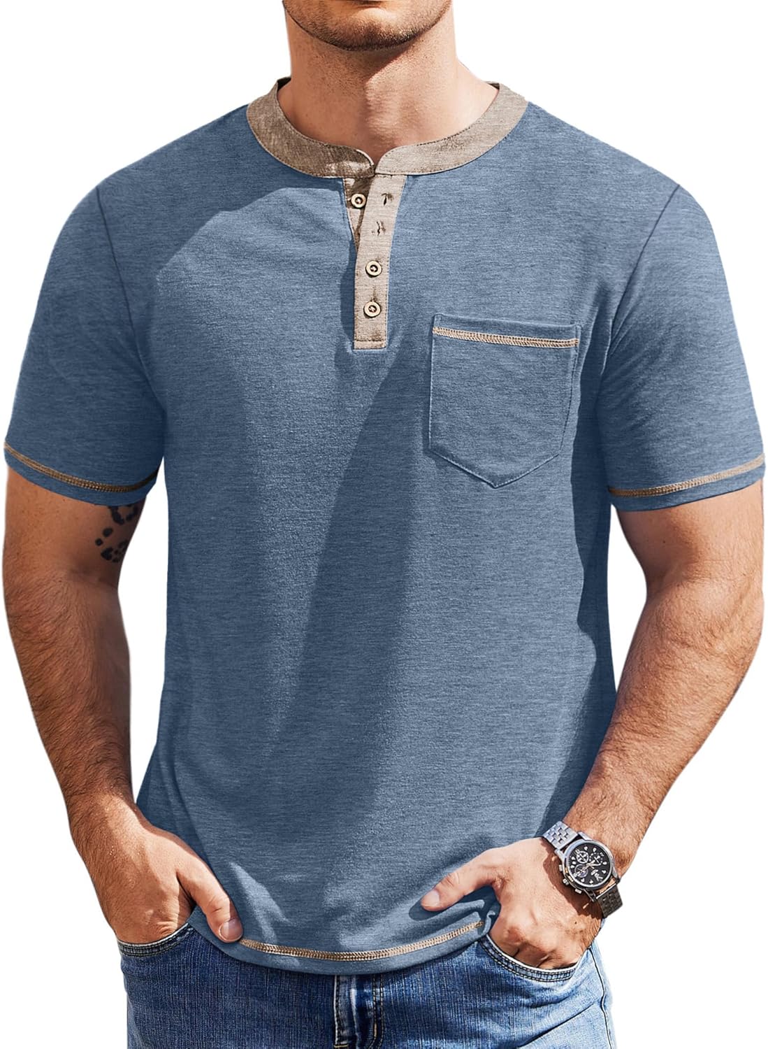 COOFANDY Mens Henley Shirts Short Sleeve Casual Button T-Shirts Basic Tee Shirts Summer Vintage T Shirts with Pocket