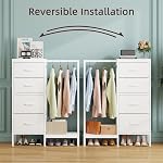 HIGDBFE Dresser avec rack suspendu, 4 Tiroirs Petit placard pour chambre, Réversible tissu coffre de tiroirs avec rack de vêtements, Tour de rangement Tall, cadre robuste, blanc, 43.5''H