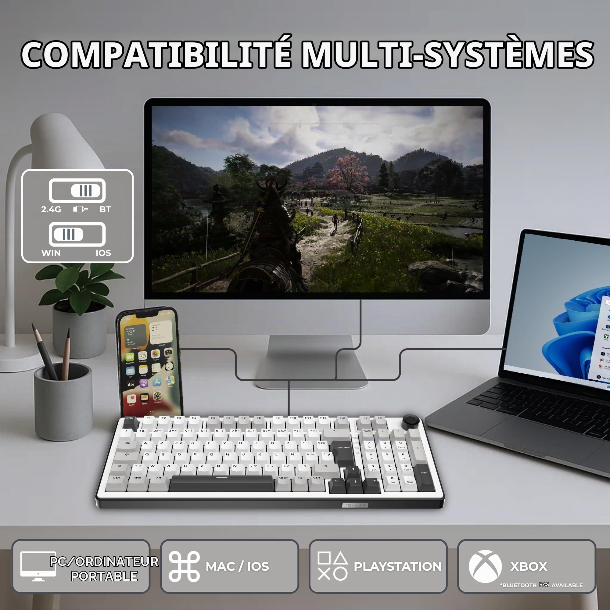 The G-Lab Keyz Elite 400 WG - Clavier Gamer sans Fil Mécanique Hot-Swap RGB | QWERTY US, Sans Fil Tri Mode 2.4GHz/Bluetooth/Filaire, Switch Mécanique Hot Swap Pré-lubrifiés, Gasket 5 Couches