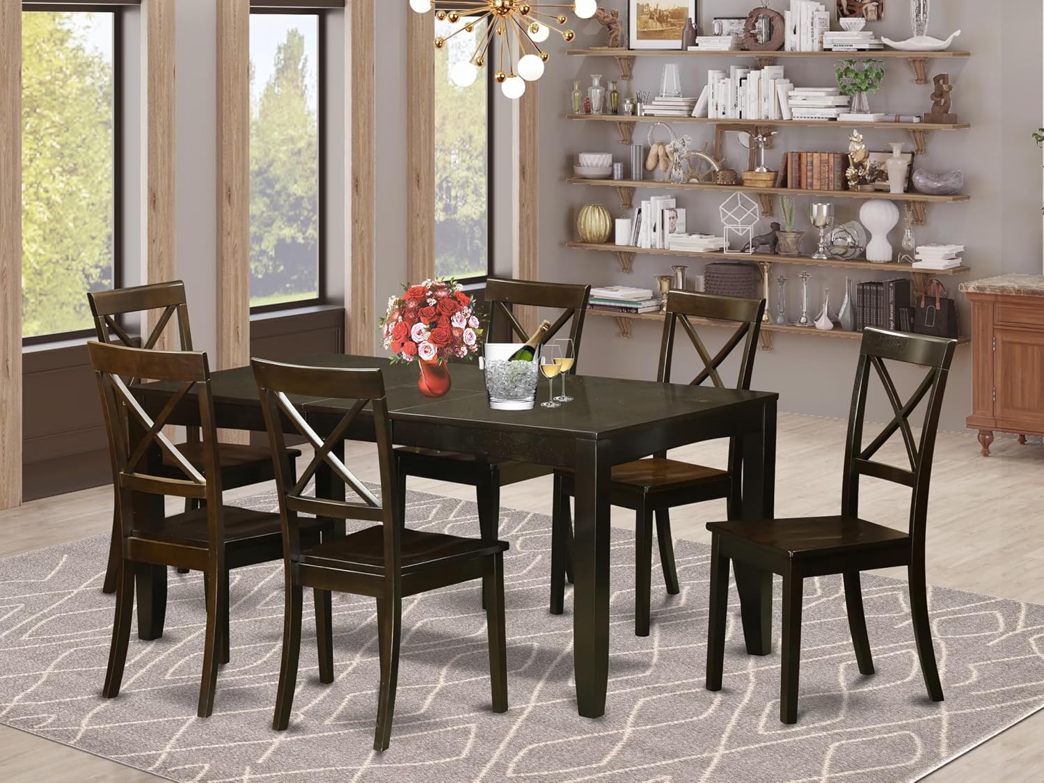 East West Furniture LYBO7-CAP-W 7 Piece Kitchen Table Set Consist of a Rectangle Dining Table with Butterfly Leaf and 6 Dining Room Chairs, 36x66 Inch, Cappuccino