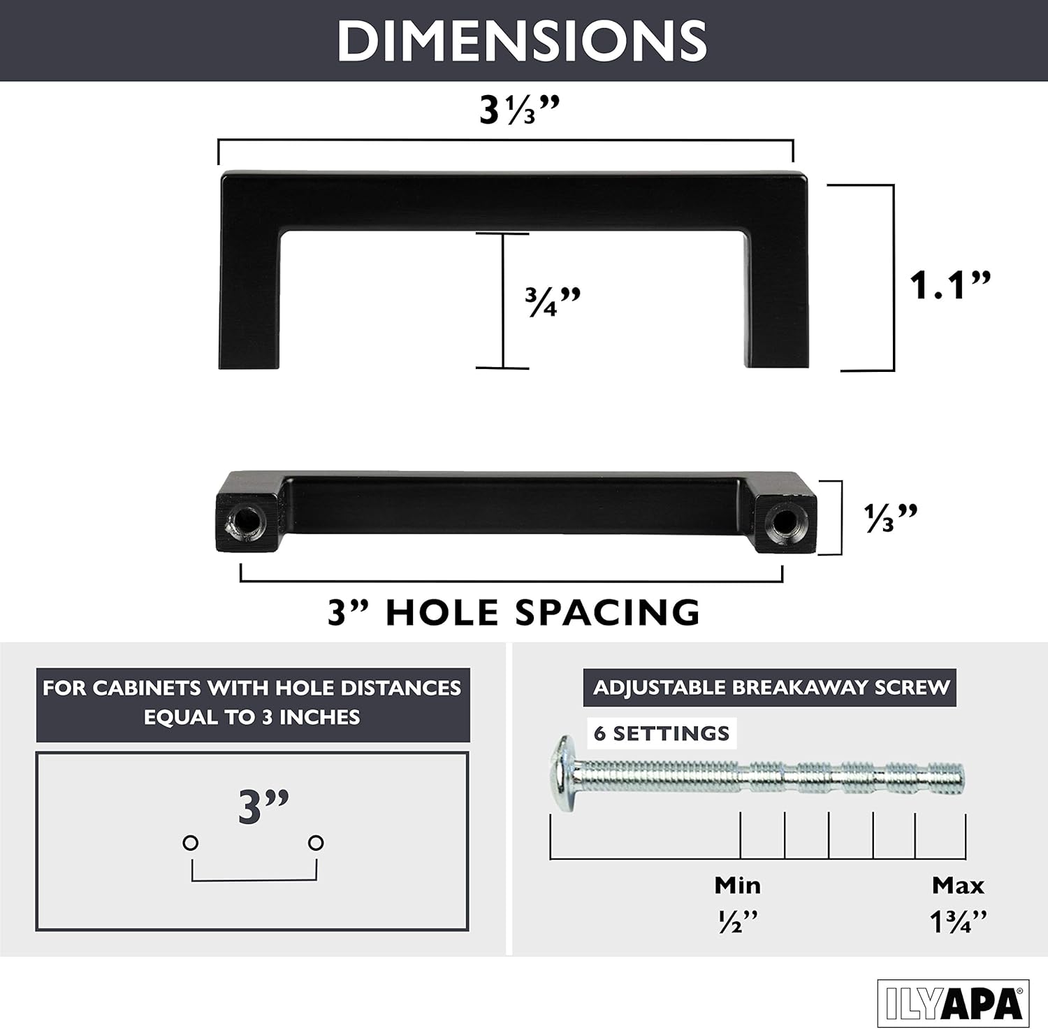 Ilyapa 25 Pack Modern Black 3-1/3 Inch Square Cabinet Pulls - Kitchen Drawer Hardware with 3 Inch Hole Center
