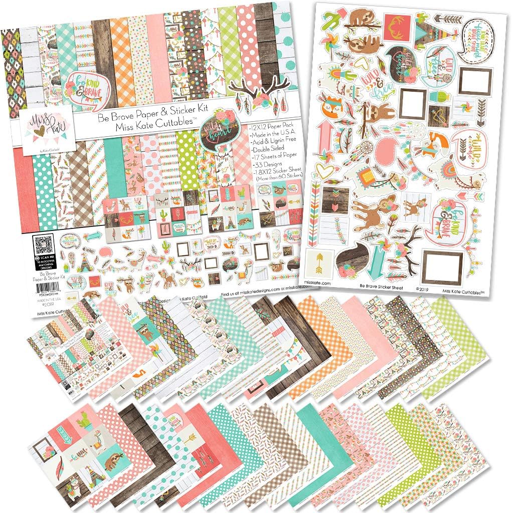 Miss Kate Cuttables Paper & Sticker Kit - Be Brave - 17 Double-Sided 12x12 Papers with 33 Designs & 1 8X12 Sticker Sheet - Scrapbooking Card Making Crafting