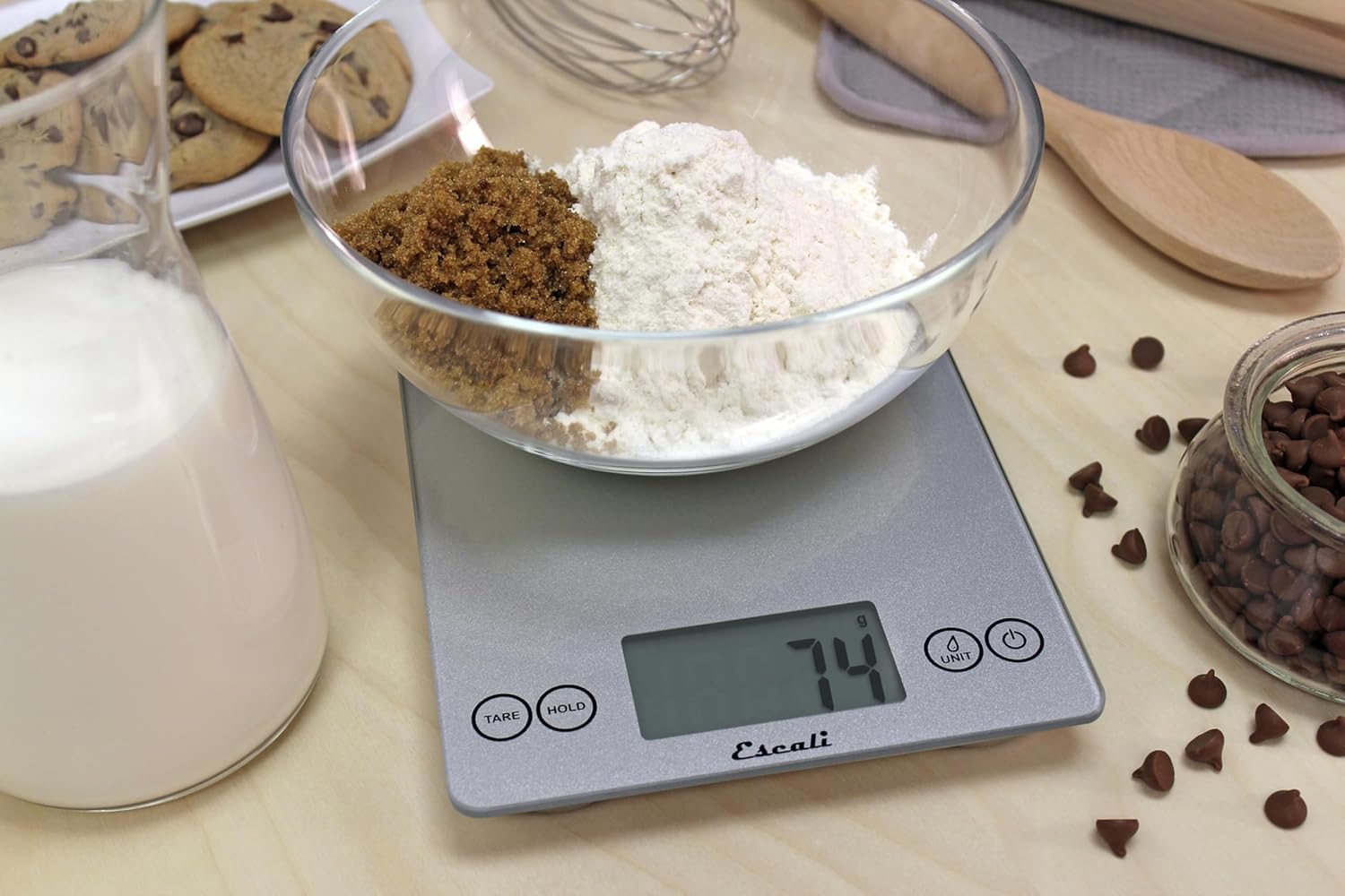 Escali Arti Glass Food Scale weighing flour and brown sugar in a bowl