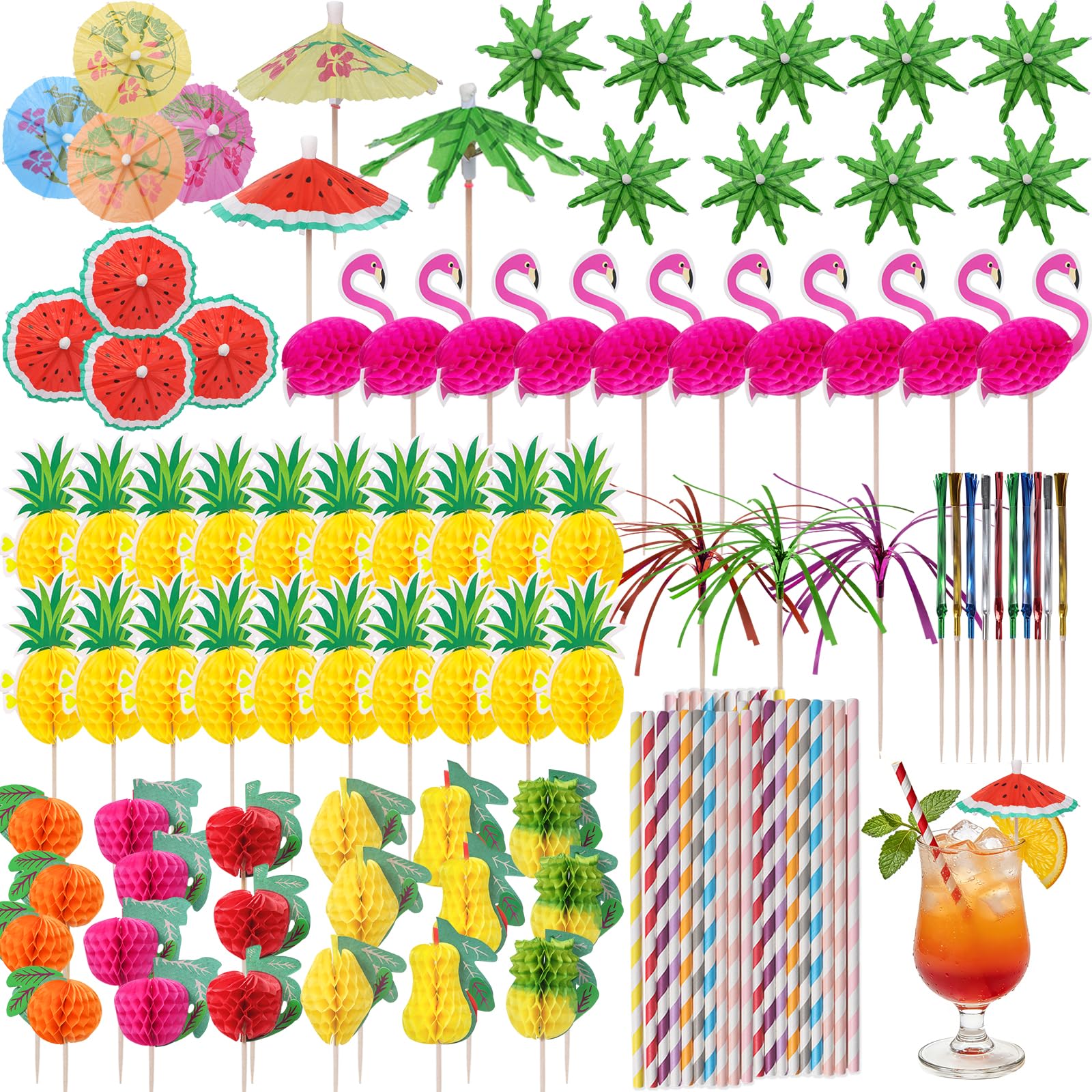 Cocktail Accessories for Drinks, 130 Pcs Cocktail Party Decorations with Cocktail Umbrellas Straws, Peacock/Flamingo/Watermelon/Sparkler Sticks for Beach, Birthday, Music Festival, Summer Party